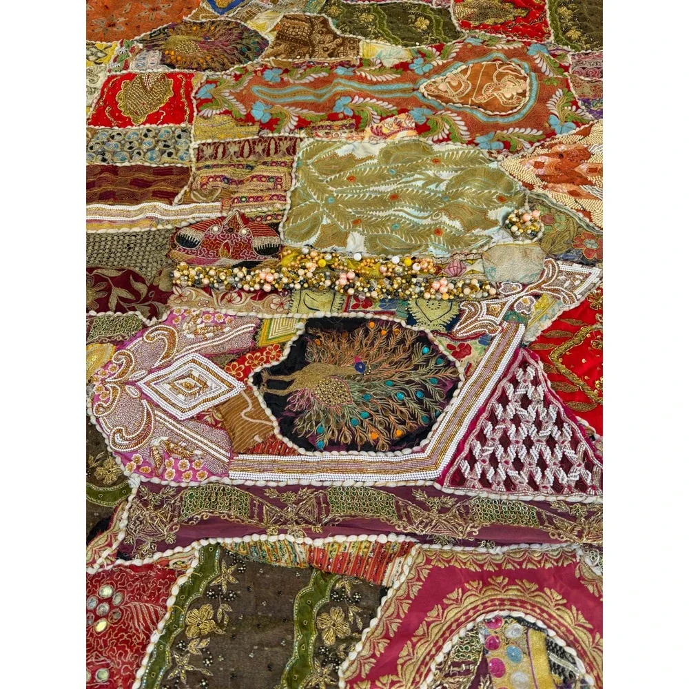 Vintage Indian Heavily Beaded Art Decor Sari Zari Wall Hanging Tapestry 75x93